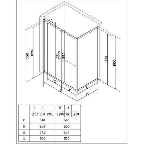 Ограждение душевое Eva Gold EG2C, 1200 х1000 х1900 мм, хром, квадрат, без поддона купить в СОМ